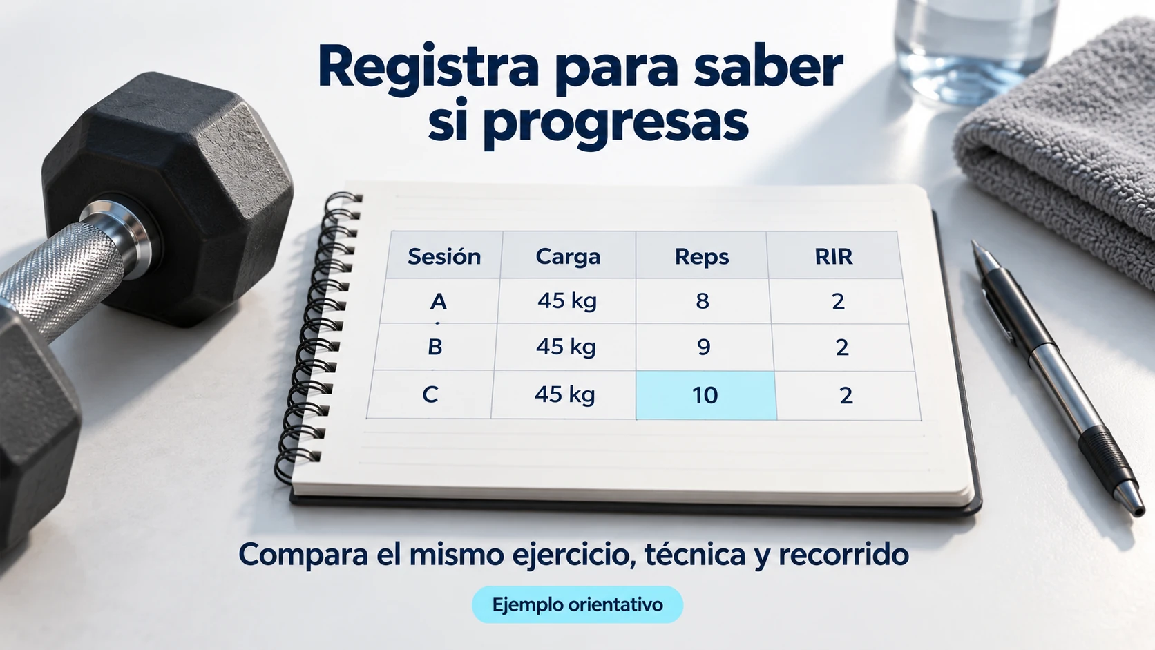 Un registro de carga, repeticiones y RIR permite comparar sesiones del mismo ejercicio.
