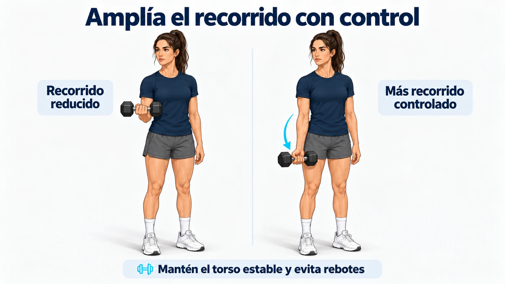 El recorrido de un curl se puede ampliar sin balancear el torso ni mover el brazo superior.