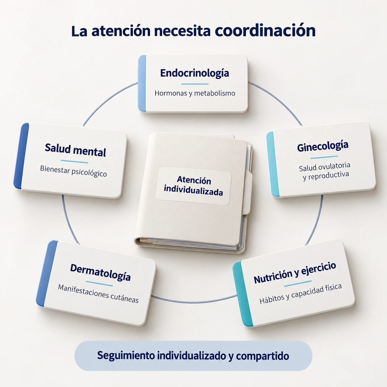 Áreas de la atención multidisciplinar del SOMP: endocrinología, ginecología, nutrición y ejercicio, dermatología y salud mental