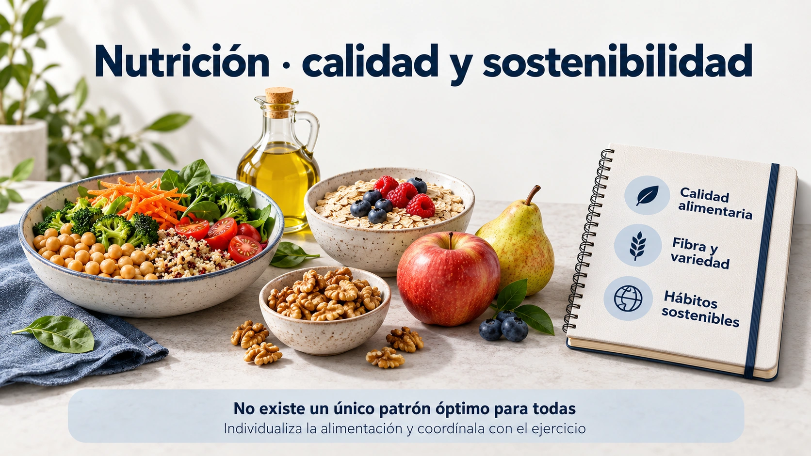 Alimentos variados ricos en fibra y recordatorio de individualizar la alimentación del SOMP con hábitos sostenibles