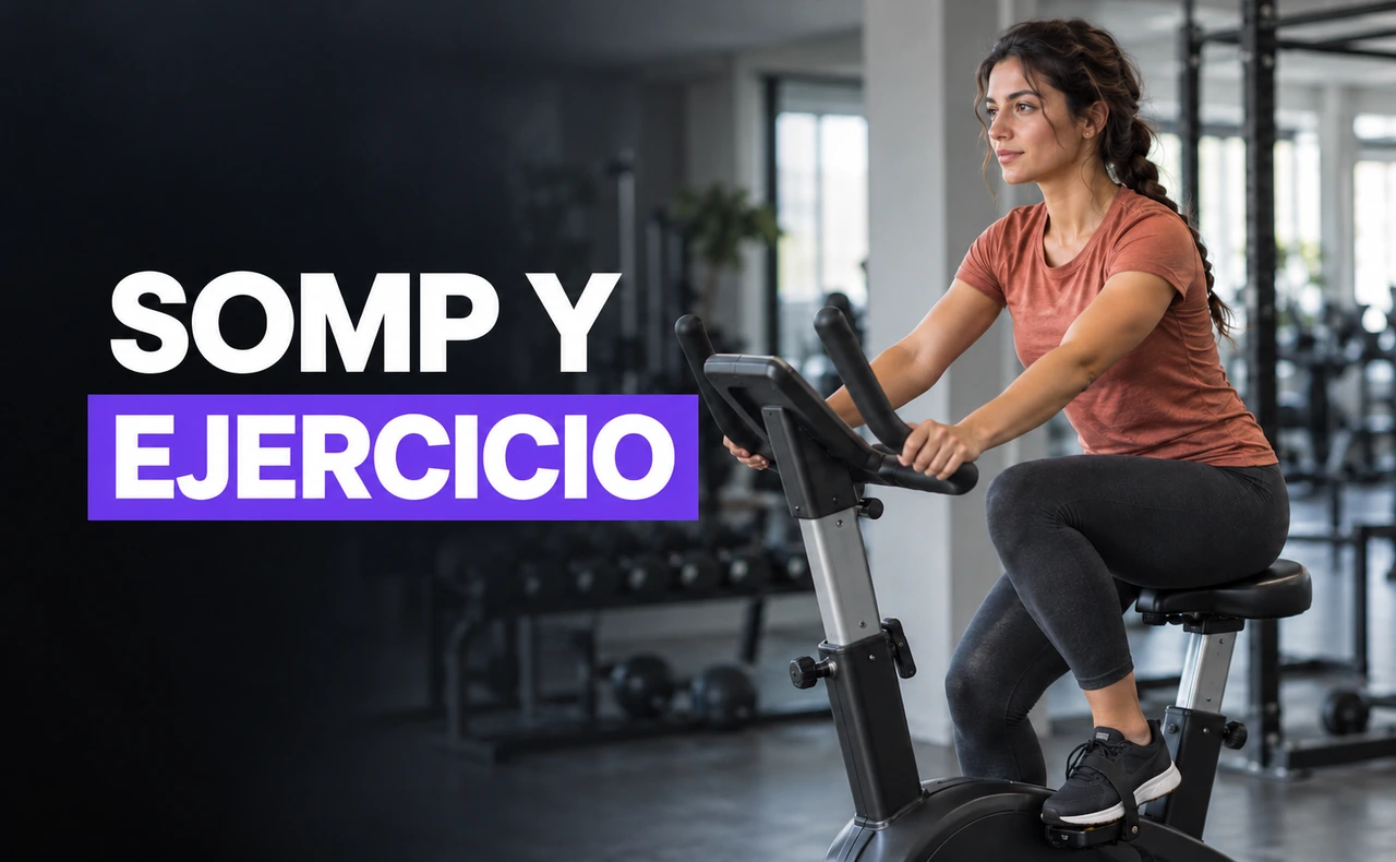 Mujer pedaleando en una bicicleta estática en un gimnasio. Titular: «SOMP y ejercicio».