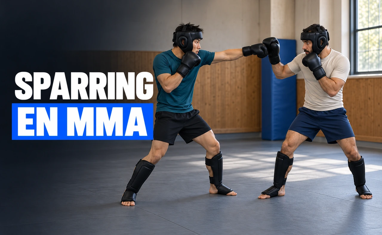 Dos deportistas practicando sparring con guantes acolchados, casco y espinilleras en un gimnasio, junto al titular «Sparring en MMA».