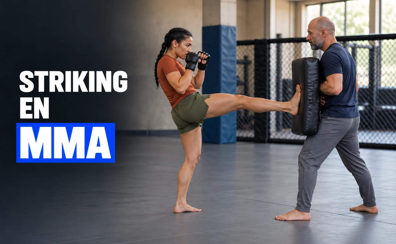 Mujer realizando una patada frontal a un escudo de entrenamiento sostenido por un hombre en un gimnasio, con el titular «Striking en MMA».