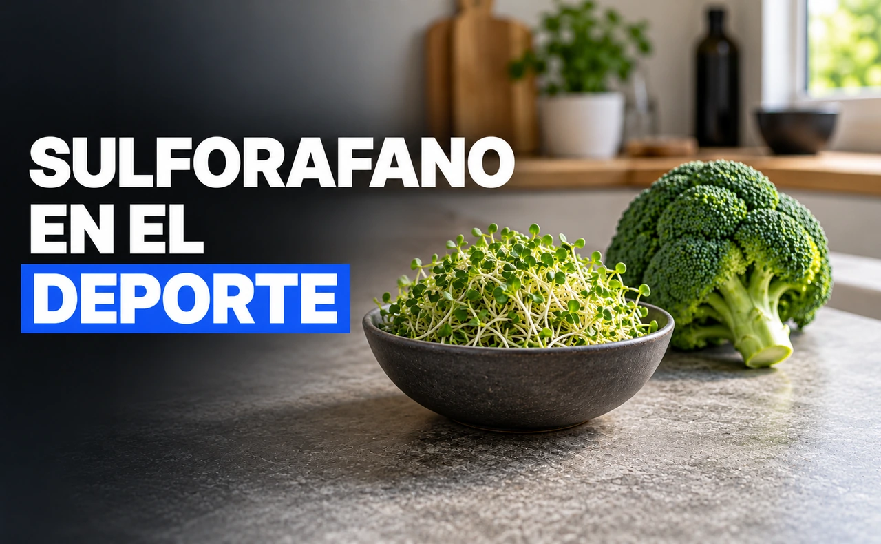 Brotes de brócoli en un cuenco oscuro junto a una pieza de brócoli fresco, con el titular «Sulforafano en el deporte».