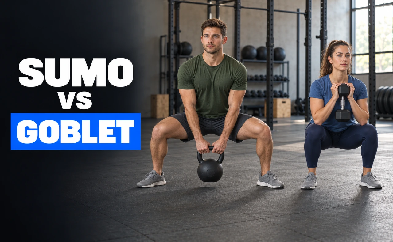 Hombre joven haciendo una sentadilla sumo con kettlebell entre las piernas y mujer joven haciendo una sentadilla goblet con mancuerna al pecho, junto al titular «Sumo vs goblet».