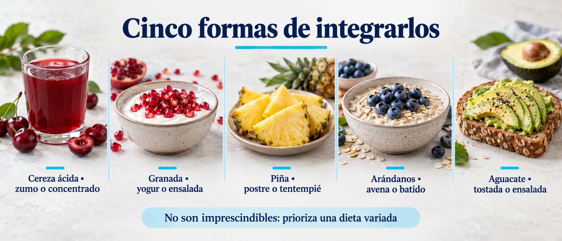 Ejemplos de cereza ácida en zumo, granada con yogur, piña de postre, arándanos con avena y aguacate en tostada.