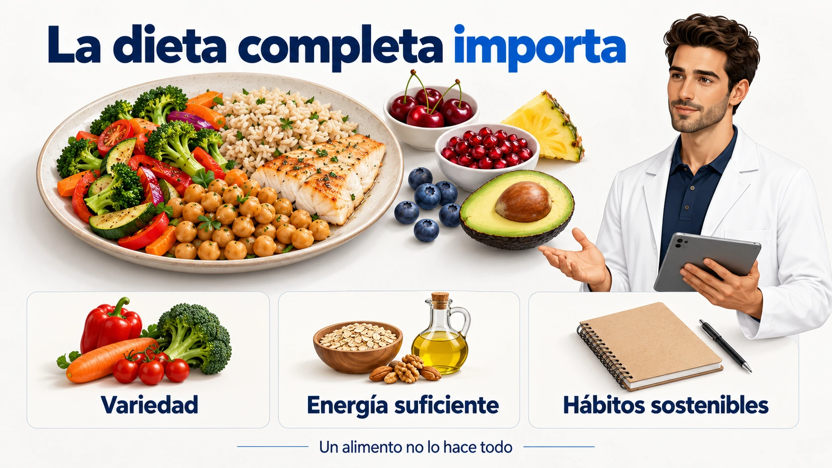 Plato variado con verduras, legumbres, arroz y pescado, cinco frutas y un profesional sanitario que explica el contexto de la dieta.