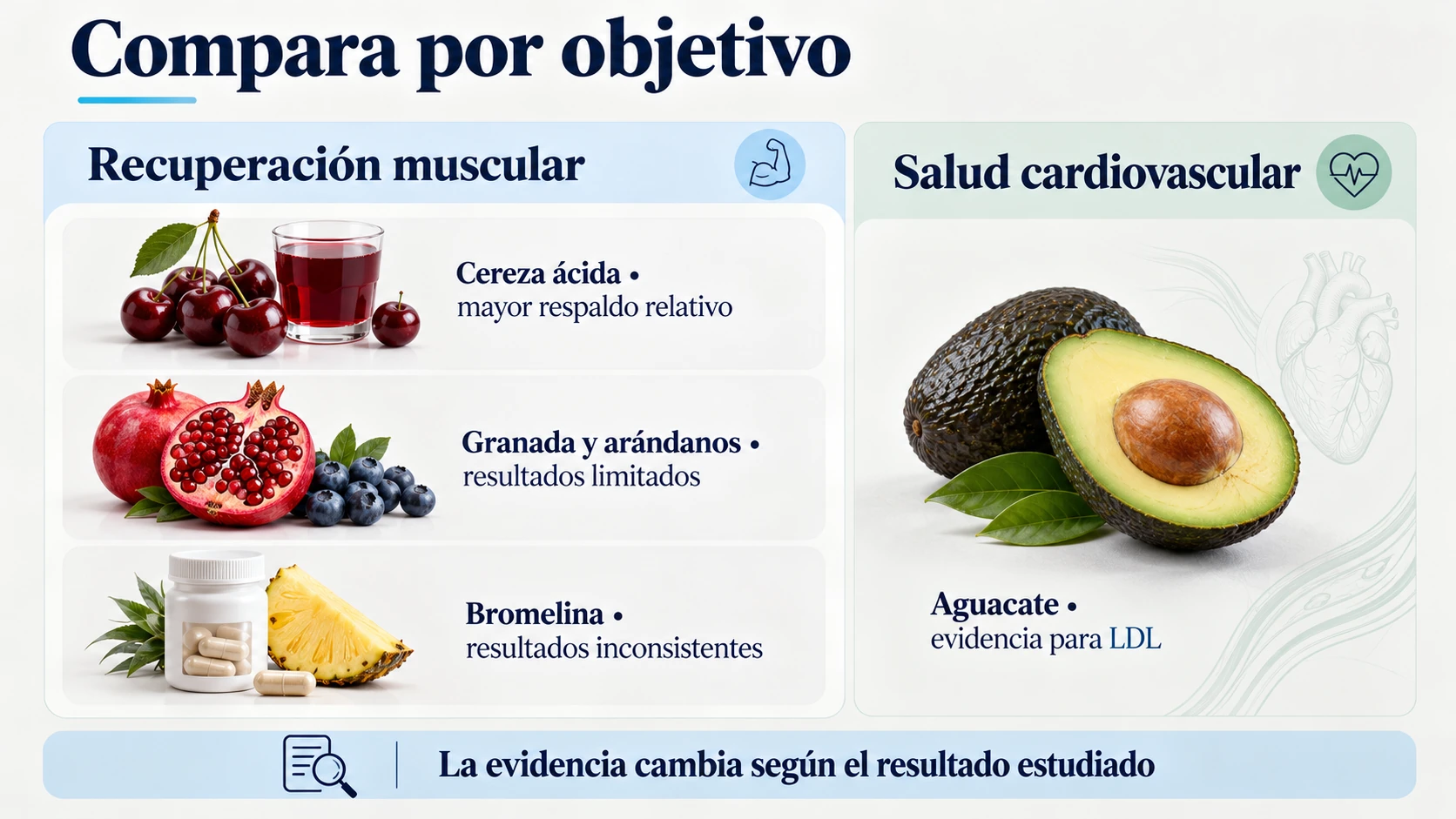 Alimentos agrupados por recuperación muscular o salud cardiovascular, con distintos niveles de evidencia según el resultado.