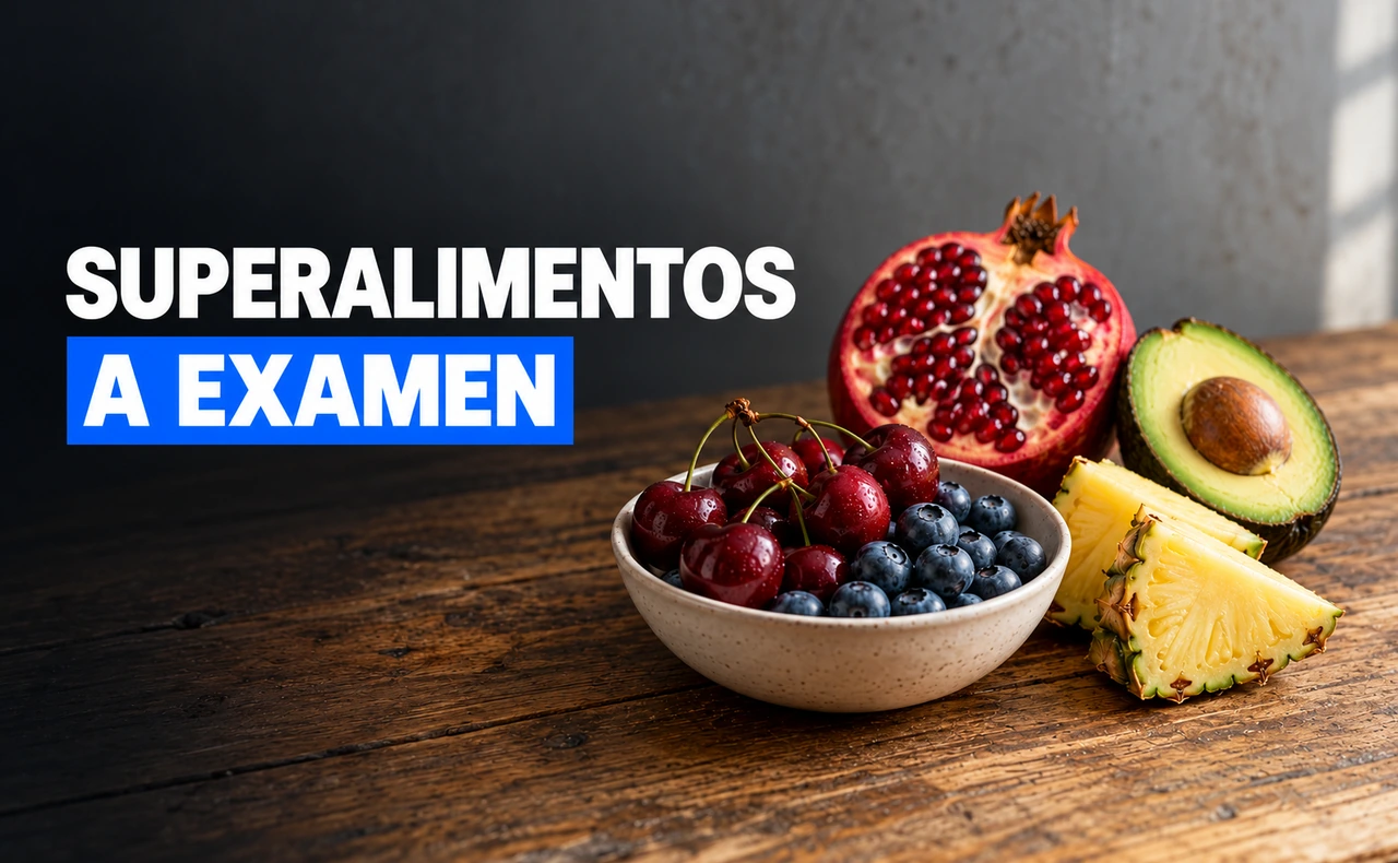 Cerezas, arándanos, granada, aguacate y piña sobre una mesa, junto al titular «Superalimentos a examen».