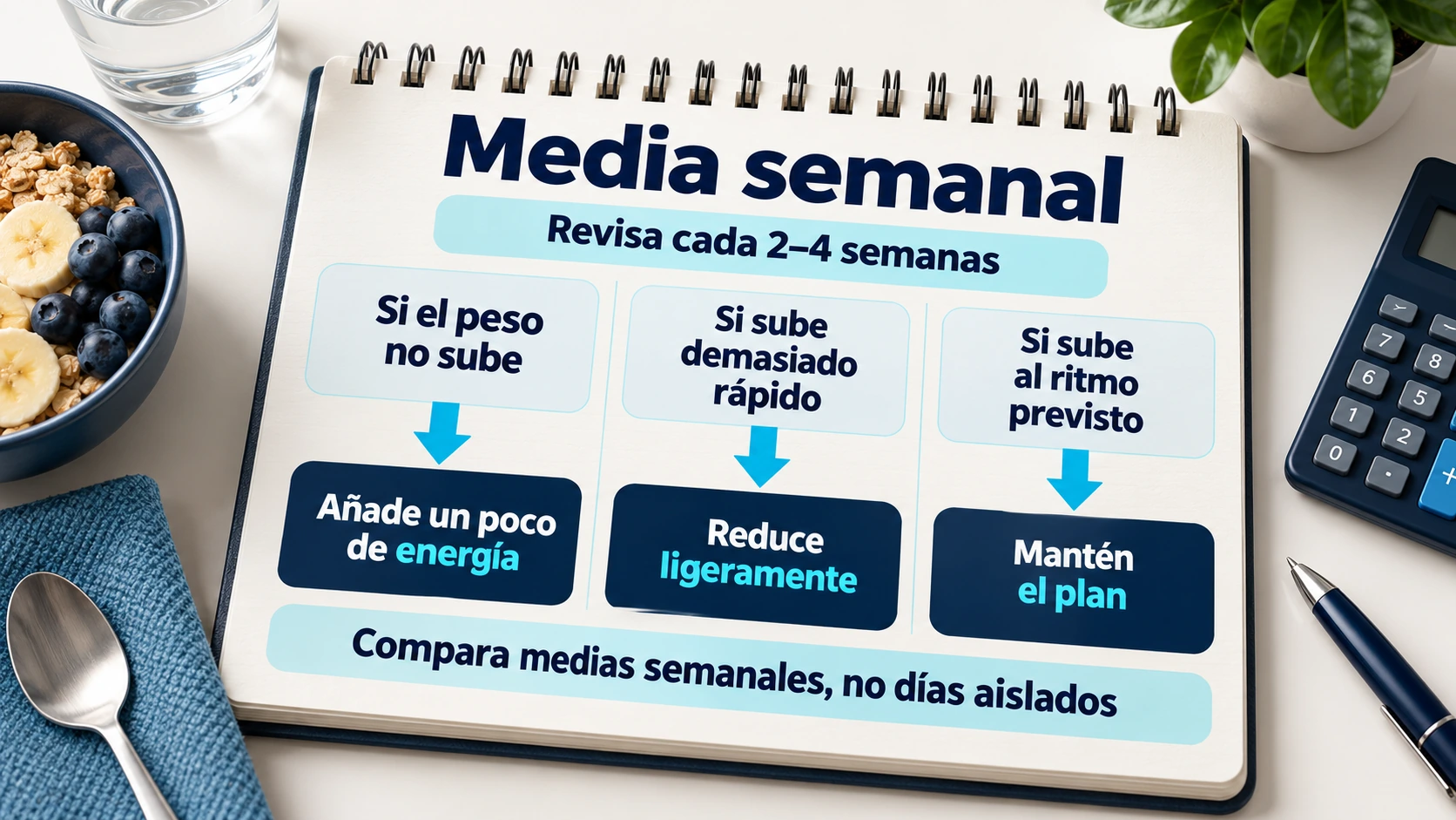 Tres decisiones según la media semanal del peso: añadir energía si no sube, reducir ligeramente si sube demasiado rápido o mantener el plan si sigue el ritmo previsto.