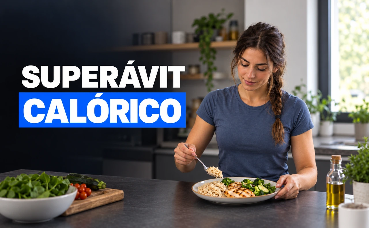 Deportista joven sirviendo arroz en un plato con pollo y verduras, junto al titular «Superávit calórico».