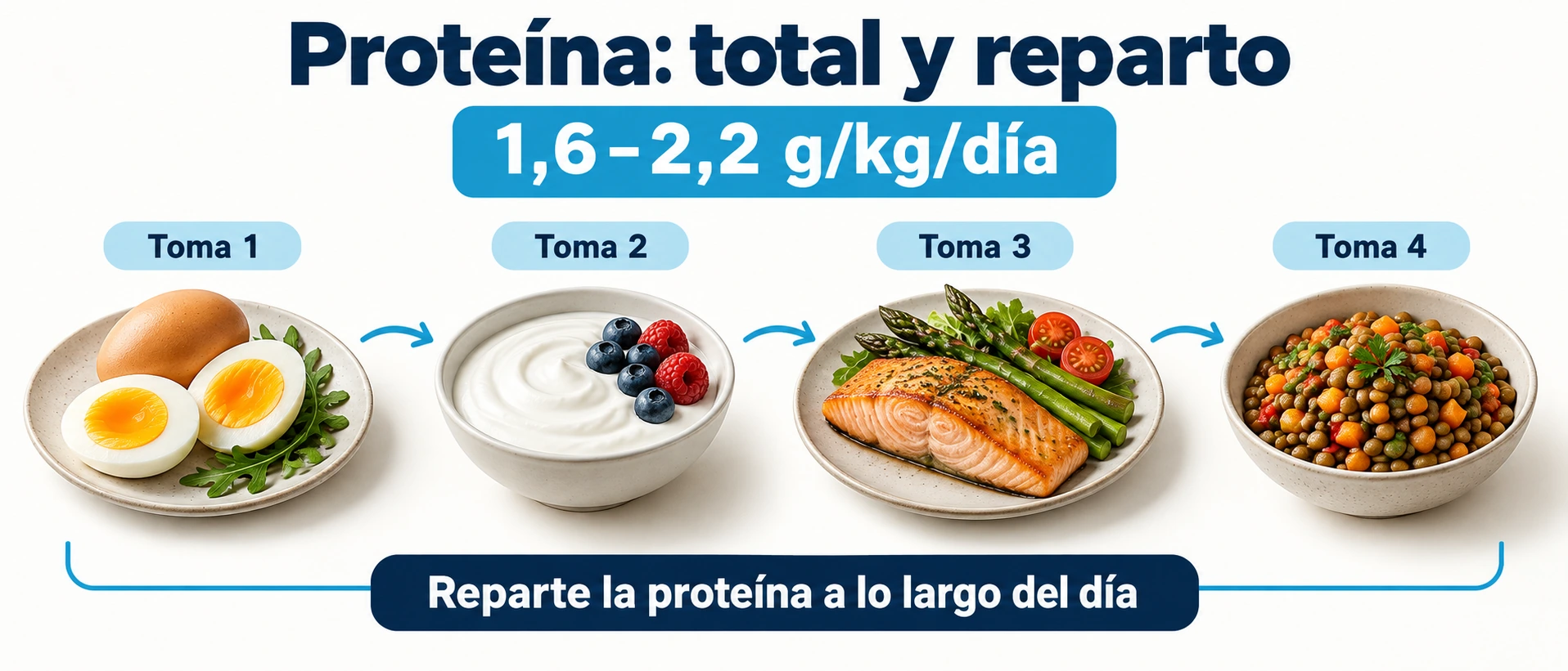 La proteína diaria se distribuye entre varias comidas; el rango orientativo del artículo es de 1,6 a 2,2 gramos por kilo al día.