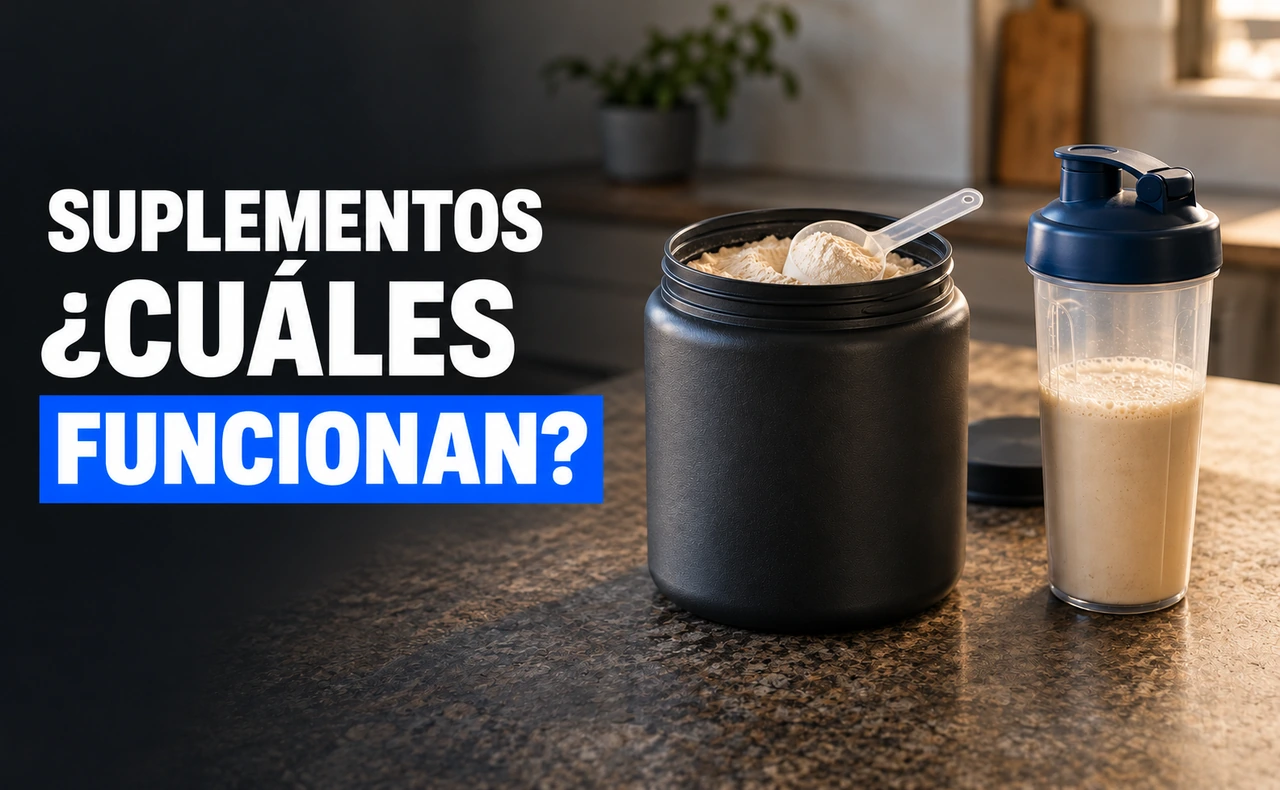 Envase genérico de suplemento en polvo con cacito y shaker con una bebida, sobre una encimera. Titular: «Suplementos: ¿cuáles funcionan?».