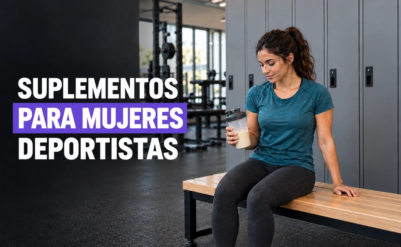 Deportista joven sentada en un banco del gimnasio con un shaker en la mano, junto al titular «Suplementos para mujeres deportistas».