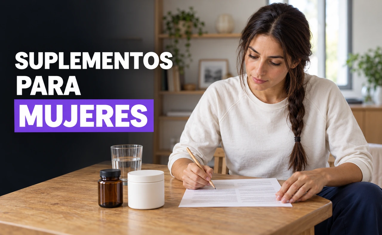 Mujer joven revisando un documento junto a envases de suplementos sin marca y un vaso de agua, con el titular «Suplementos para mujeres».