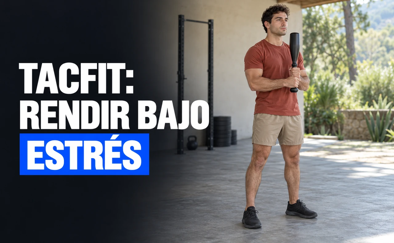 Deportista joven sosteniendo una clubbell vertical con ambas manos en un espacio de entrenamiento abierto, con el titular «TacFit: rendir bajo estrés».