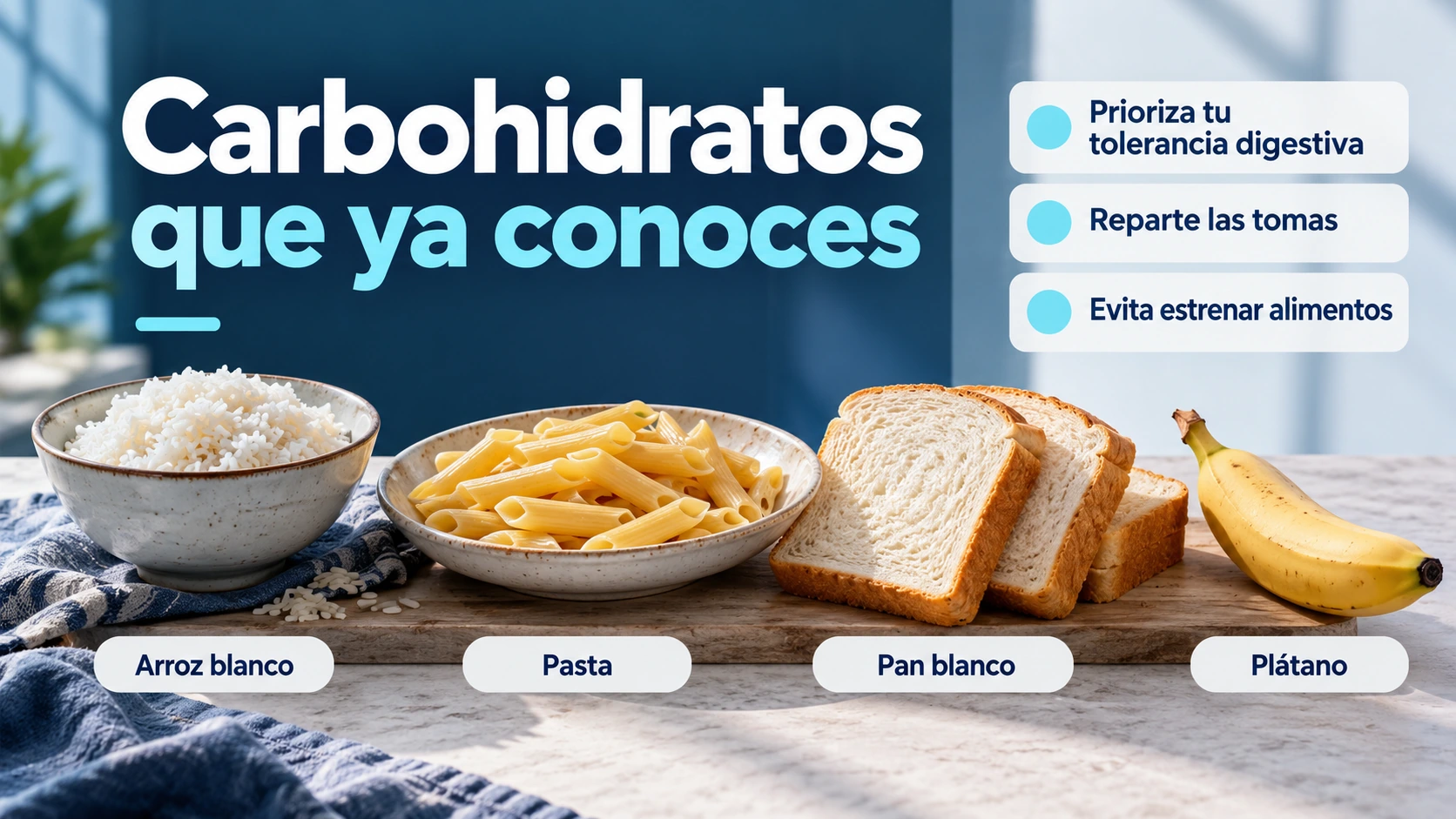 Arroz blanco, pasta, pan blanco y plátano como ejemplos de carbohidratos conocidos que pueden repartirse según la tolerancia digestiva.