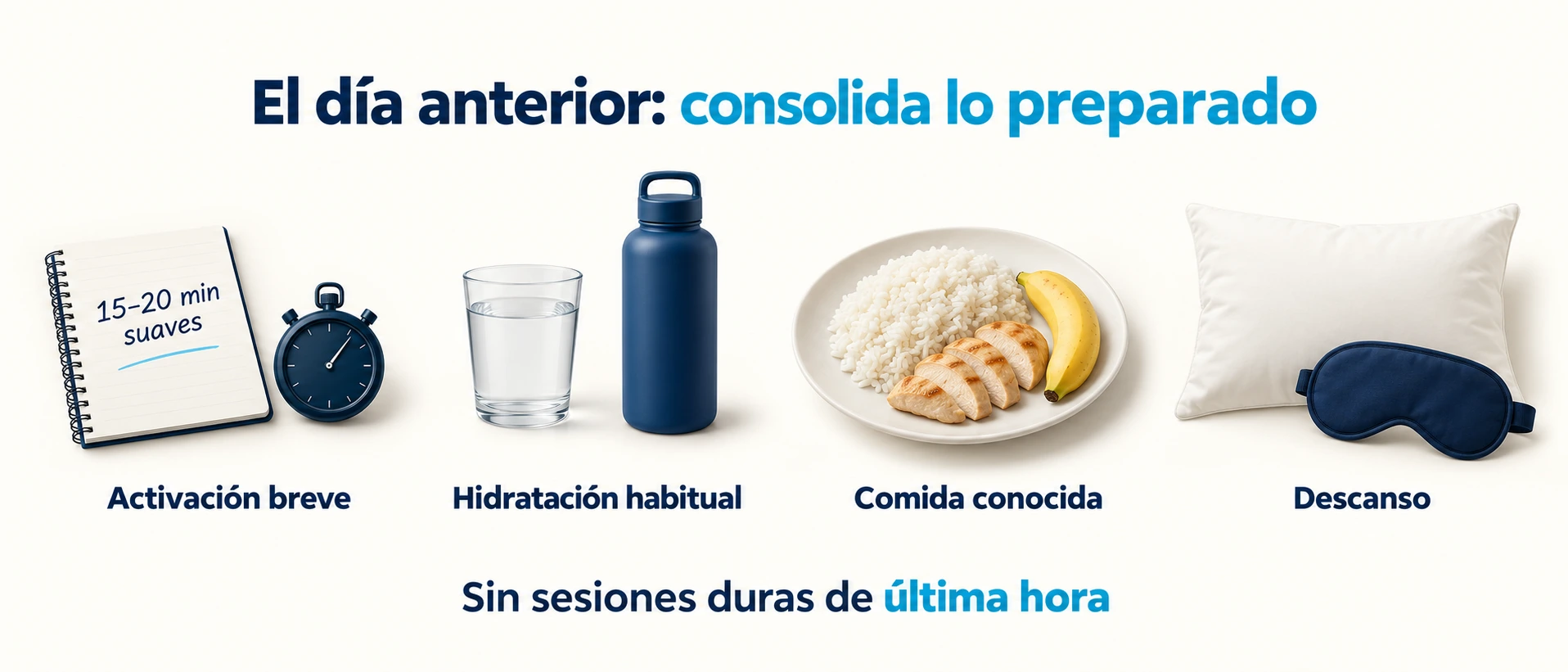 Preparación del día anterior a una carrera: activación suave de 15 a 20 minutos, hidratación, comida conocida y descanso.