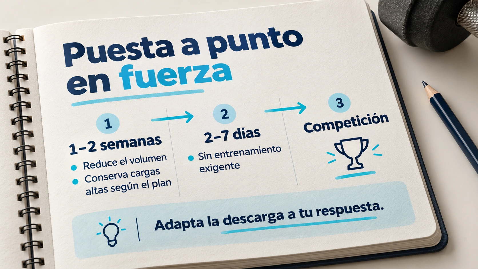 Esquema orientativo de puesta a punto en fuerza: una o dos semanas de reducción de volumen y un periodo final sin entrenamiento exigente.
