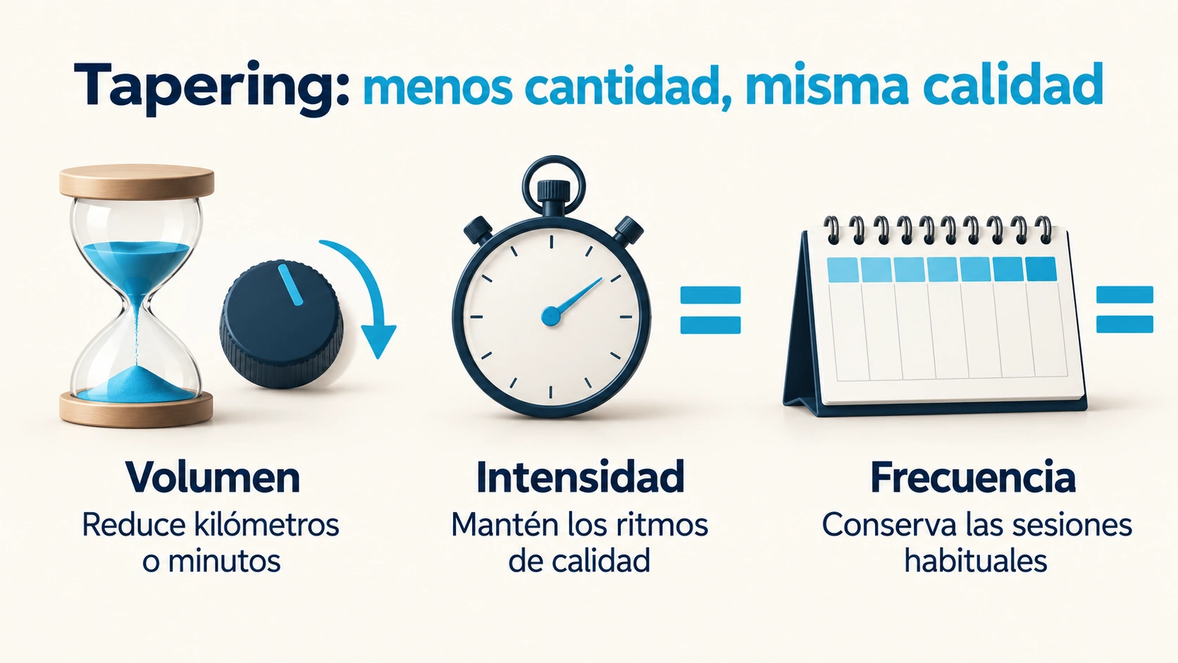 Tres variables del tapering: reducir kilómetros o minutos y mantener la intensidad de calidad y la frecuencia habitual.