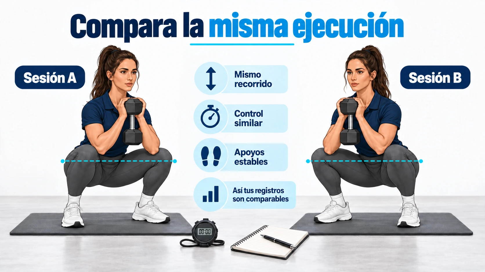 Dos ejecuciones equivalentes de una sentadilla goblet con el mismo recorrido y apoyos estables.