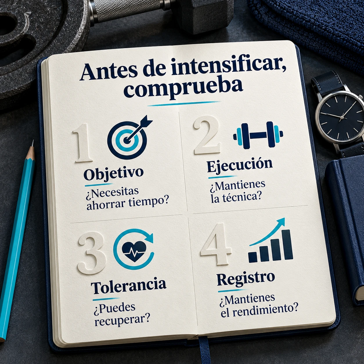 Cuatro criterios para decidir el uso de técnicas de alta intensidad: objetivo, ejecución, tolerancia y rendimiento registrado.