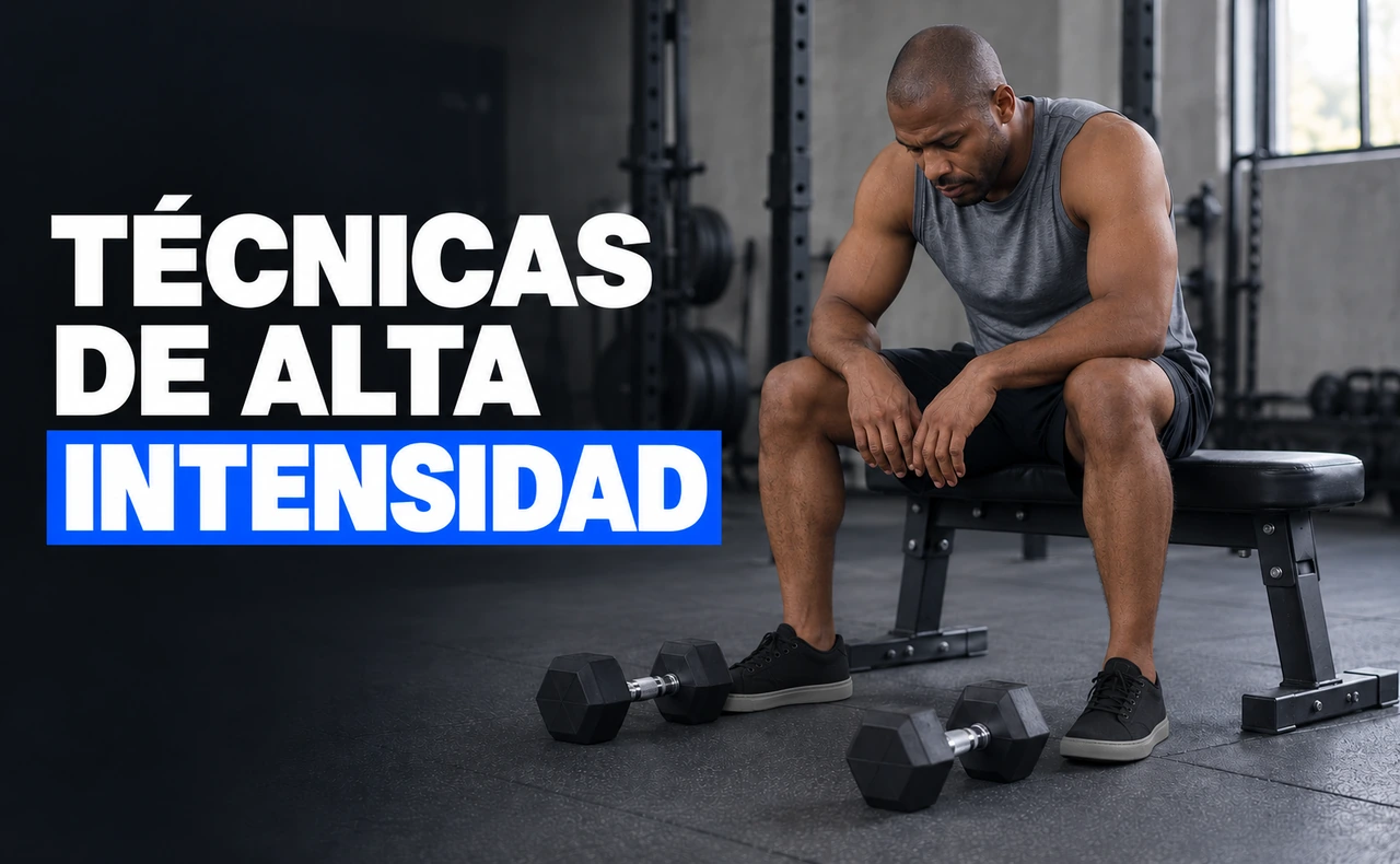 Hombre sentado en un banco de gimnasio descansando junto a dos mancuernas en el suelo. Titular: «Técnicas de alta intensidad».