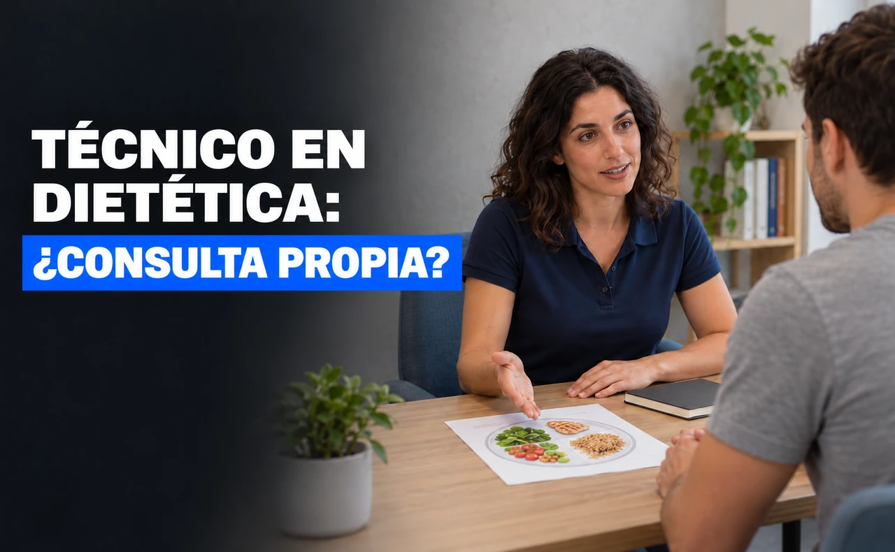 Mujer joven con polo azul asesorando a un joven sobre una lámina de alimentación equilibrada en un despacho. Titular: «Técnico en Dietética: ¿consulta propia?».
