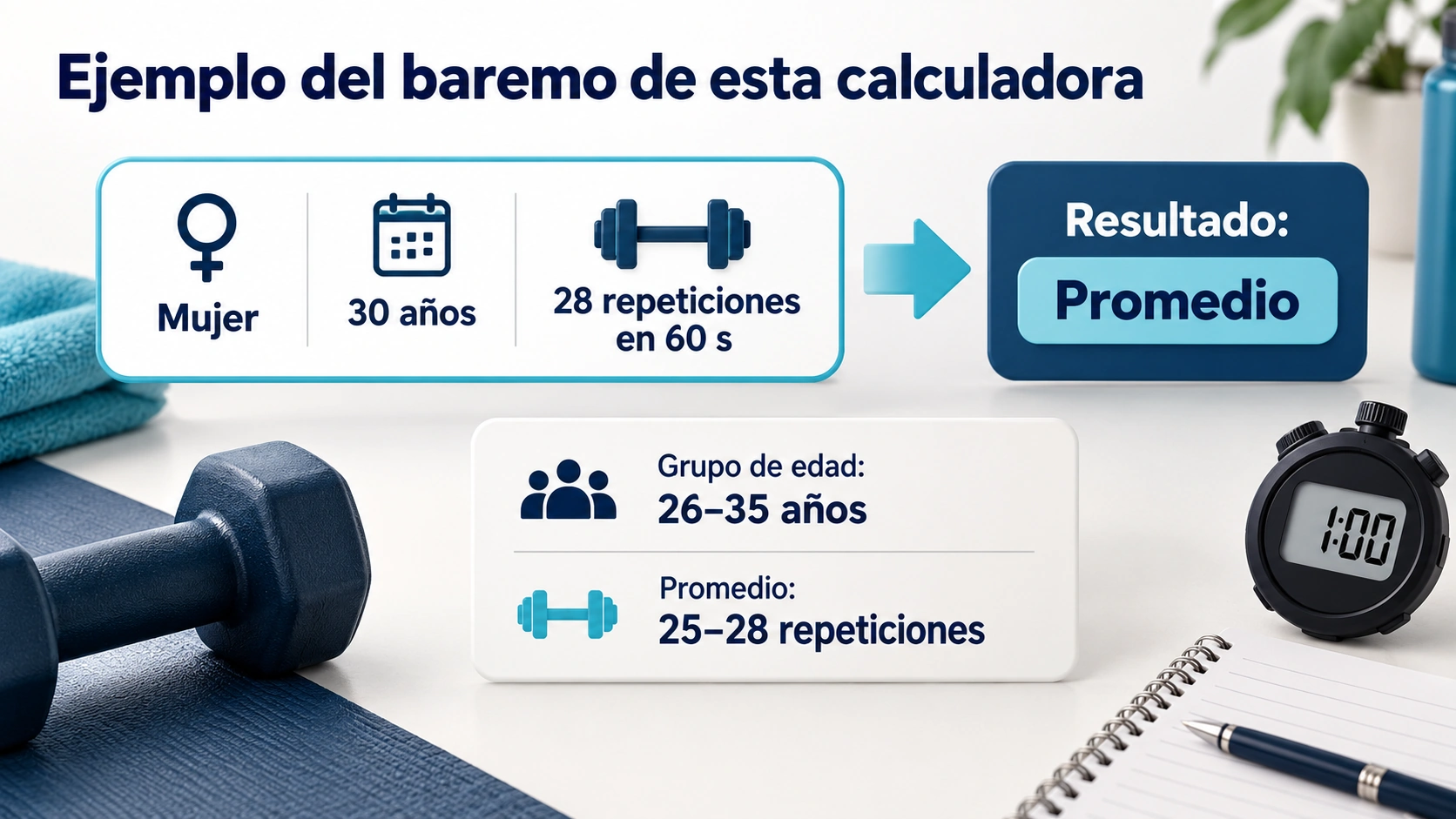 Una mujer de 30 años con 28 repeticiones válidas en un minuto obtiene Promedio en el baremo de esta calculadora