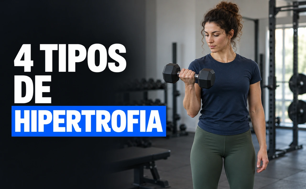 Mujer joven y atlética realizando un curl con una mancuerna, junto al titular «4 tipos de hipertrofia».