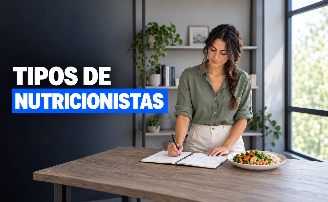 Mujer joven anotando en un cuaderno junto a un plato de arroz, garbanzos y verduras, con el titular «Tipos de nutricionistas».