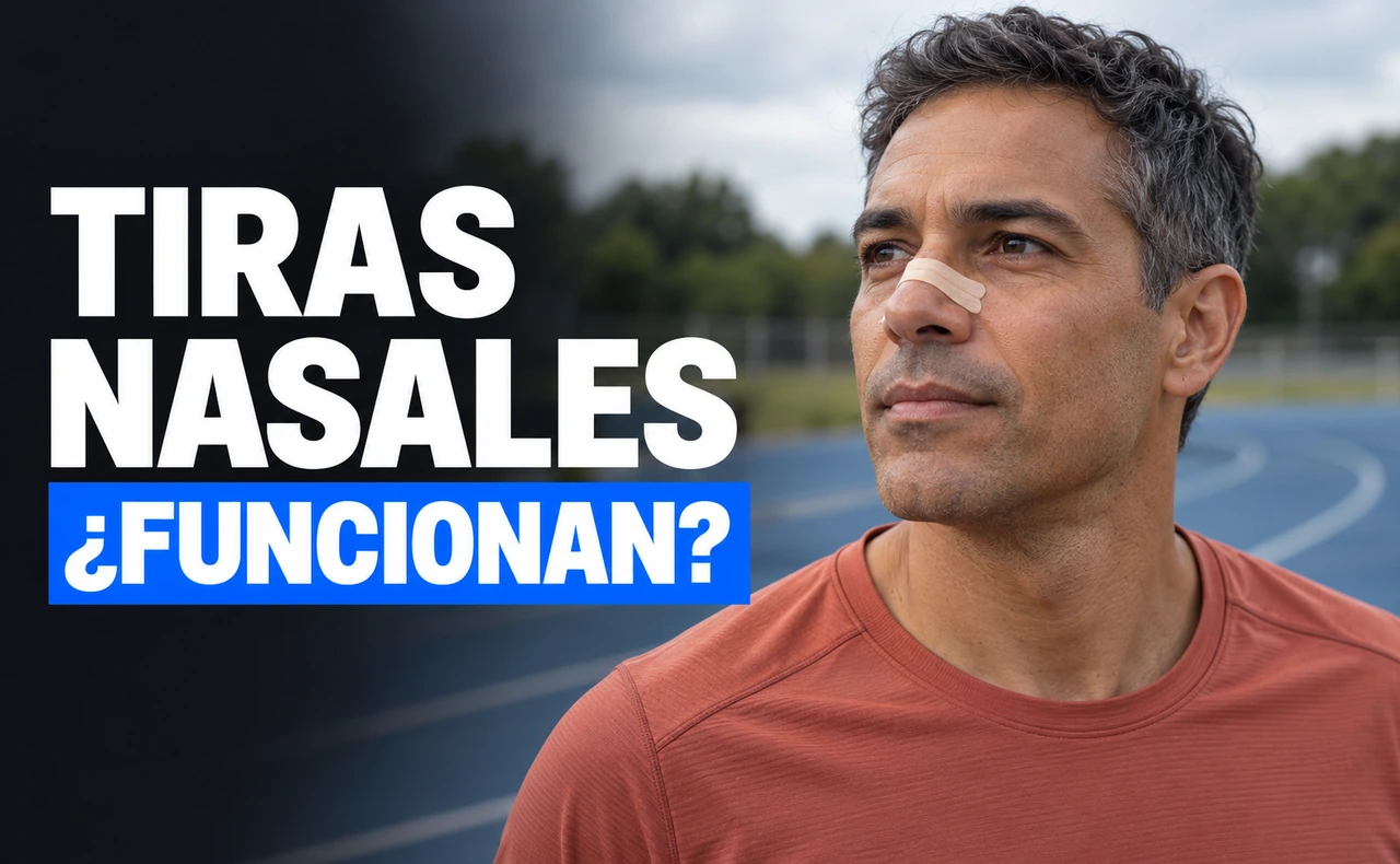 Deportista con camiseta terracota y una tira nasal beige sobre la nariz, junto a una pista de atletismo. Titular: «Tiras nasales: ¿funcionan?».