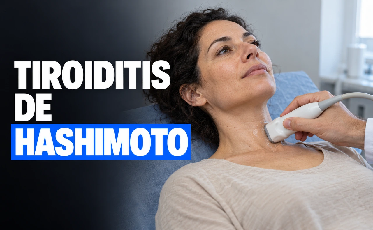 Mujer recostada durante una ecografía de la zona tiroidea del cuello. Titular: Tiroiditis de Hashimoto.