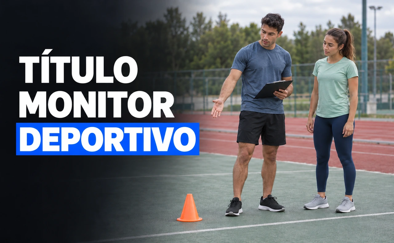 Dos jóvenes con ropa deportiva en una pista exterior; el joven sostiene una carpeta y señala un cono mientras la joven observa. Titular: «Título monitor deportivo».