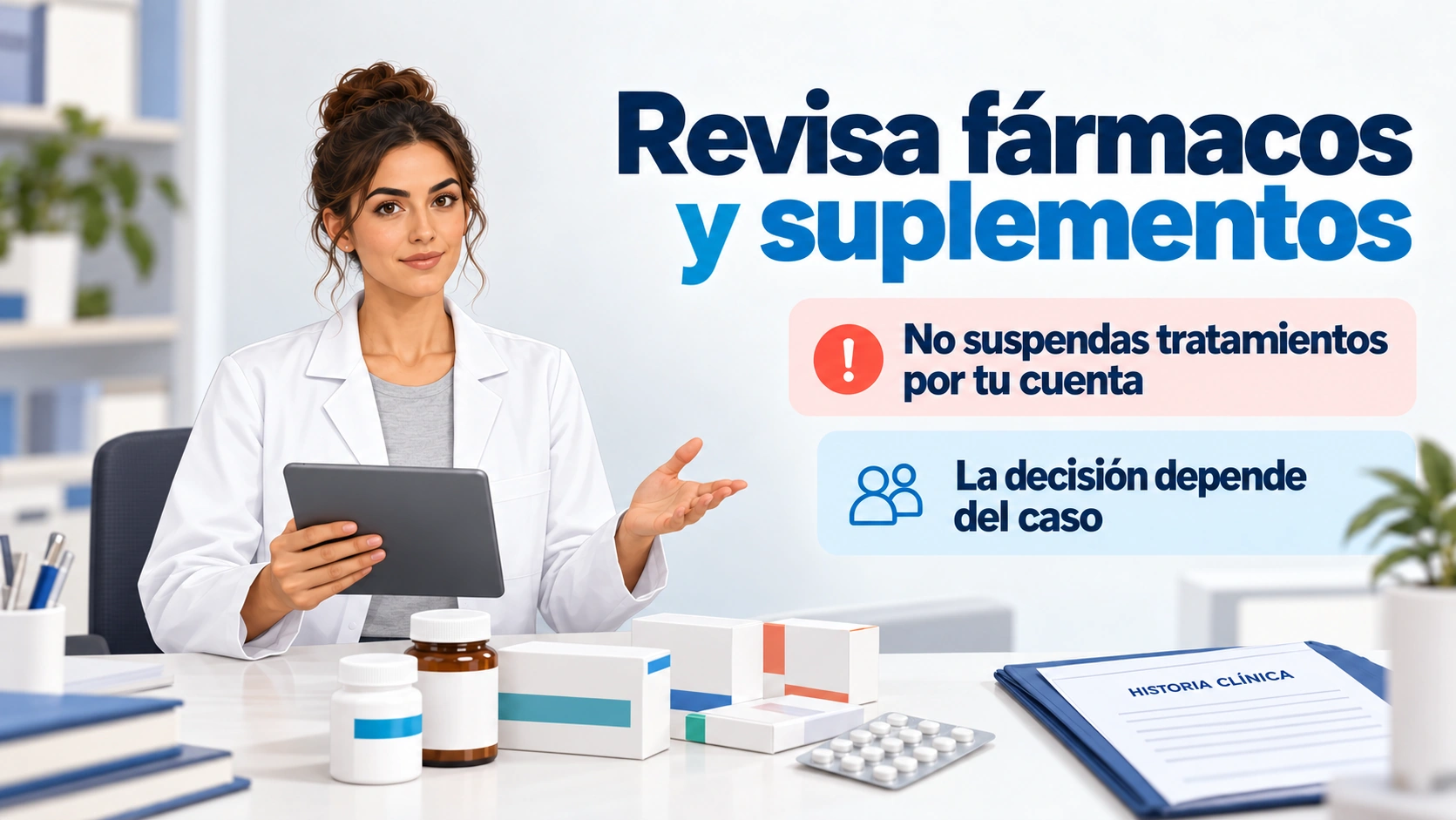 Los fármacos y suplementos se revisan con el profesional sin suspender tratamientos por cuenta propia
