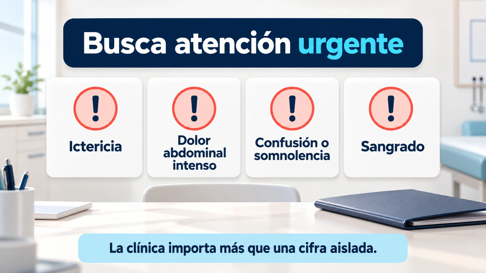 Ictericia, dolor intenso, confusión o sangrado junto a enzimas elevadas requieren evaluación urgente