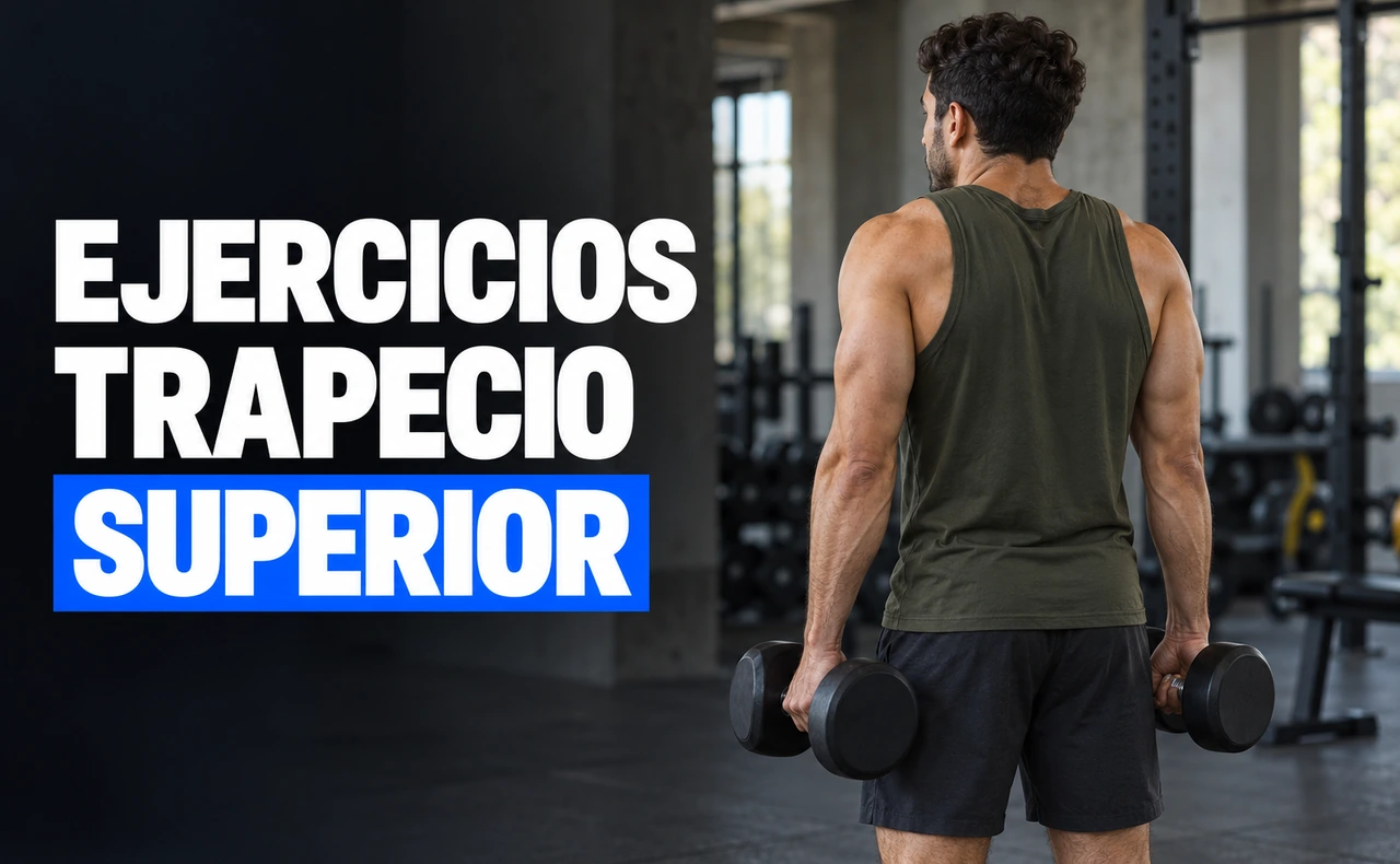 Hombre joven y atlético visto desde atrás realizando encogimientos de hombros con mancuernas, junto al titular «Ejercicios trapecio superior».