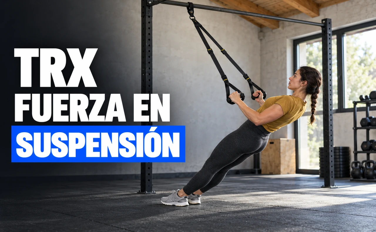 Deportista joven realizando un remo con correas de suspensión ancladas a una estructura, con el titular «TRX: fuerza en suspensión».