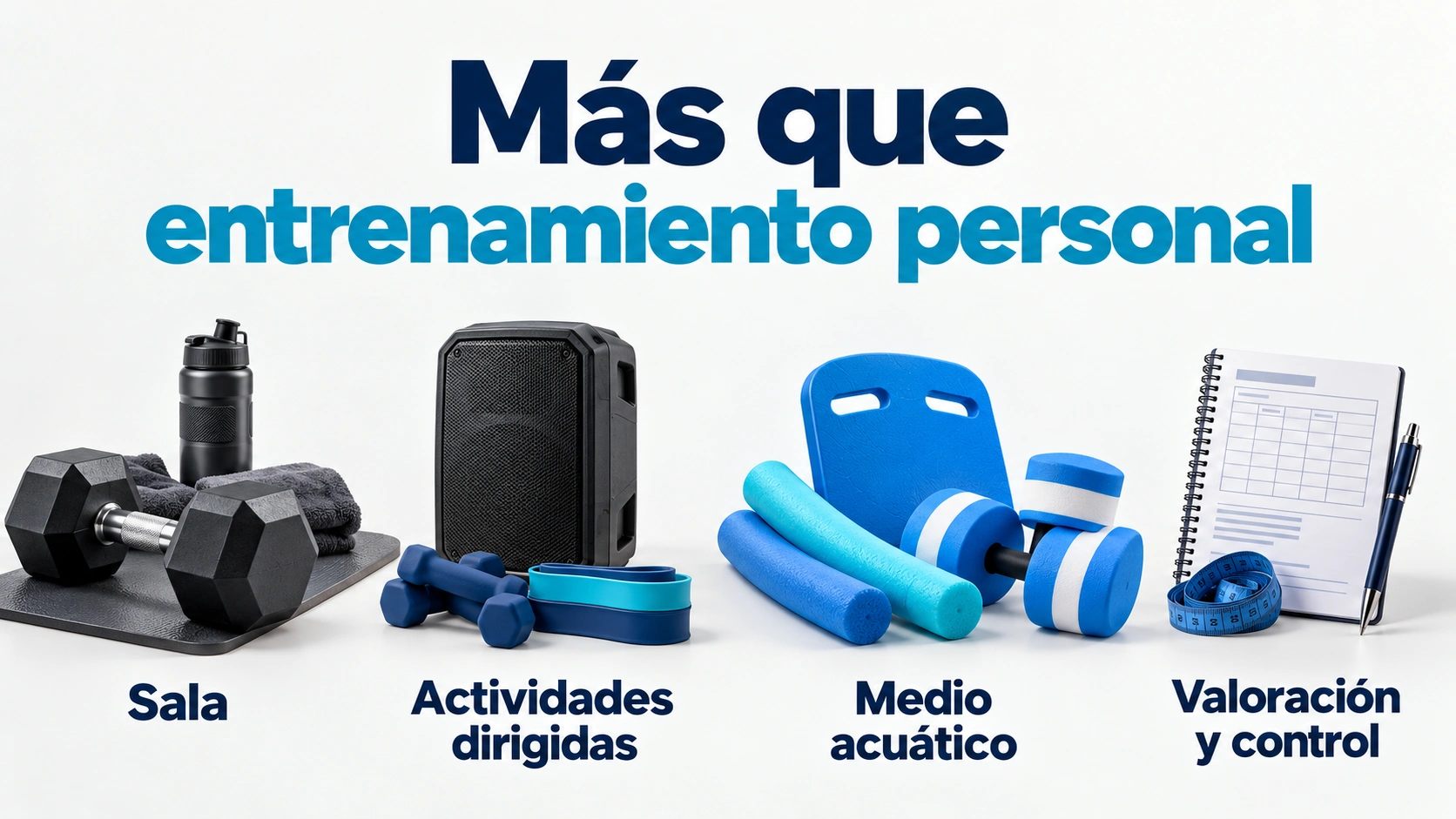 Material de sala, altavoz, flotador y cuaderno representan cuatro ámbitos de aprendizaje del TSAF.
