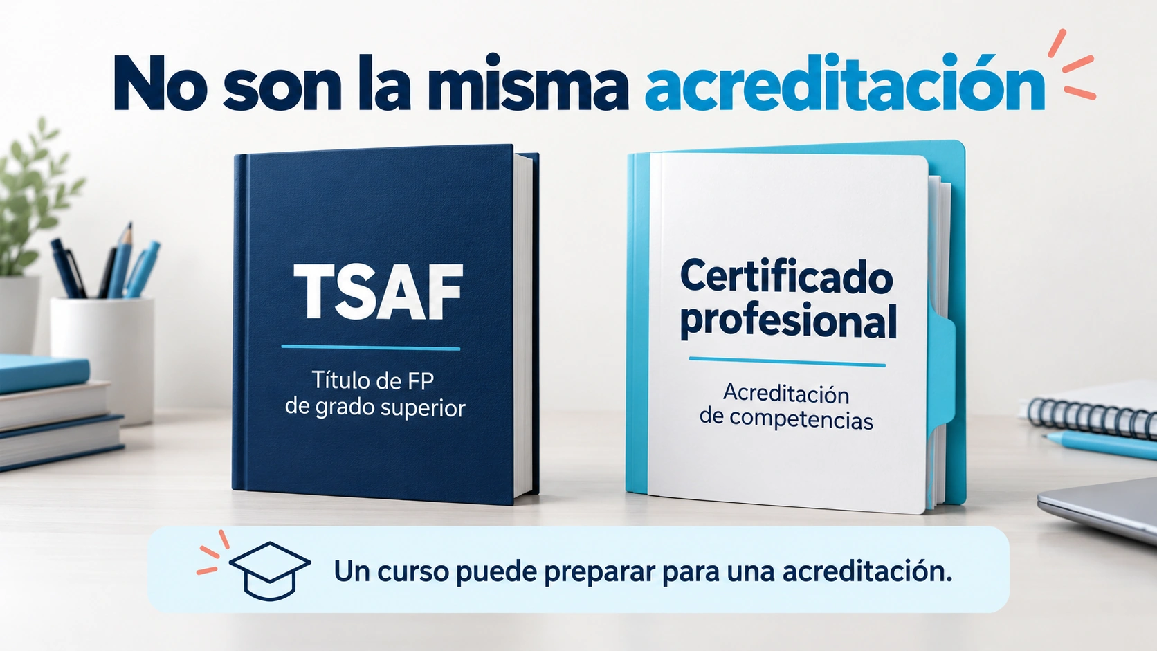 Dos carpetas distinguen el título de FP del TSAF y la acreditación de competencias de un certificado profesional.