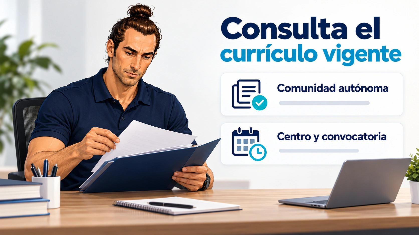Un profesor revisa una carpeta y recuerda consultar el currículo de la comunidad autónoma y del centro.