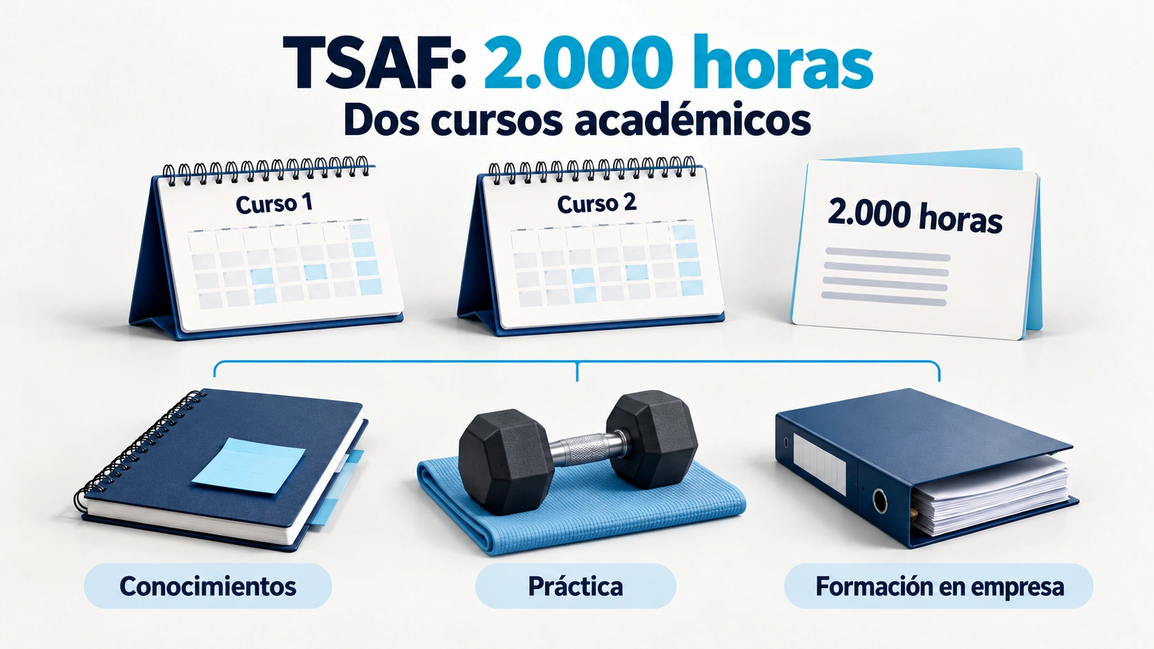 Dos agendas y tres objetos muestran los dos cursos y las dos mil horas del TSAF con conocimientos, práctica y formación en empresa.