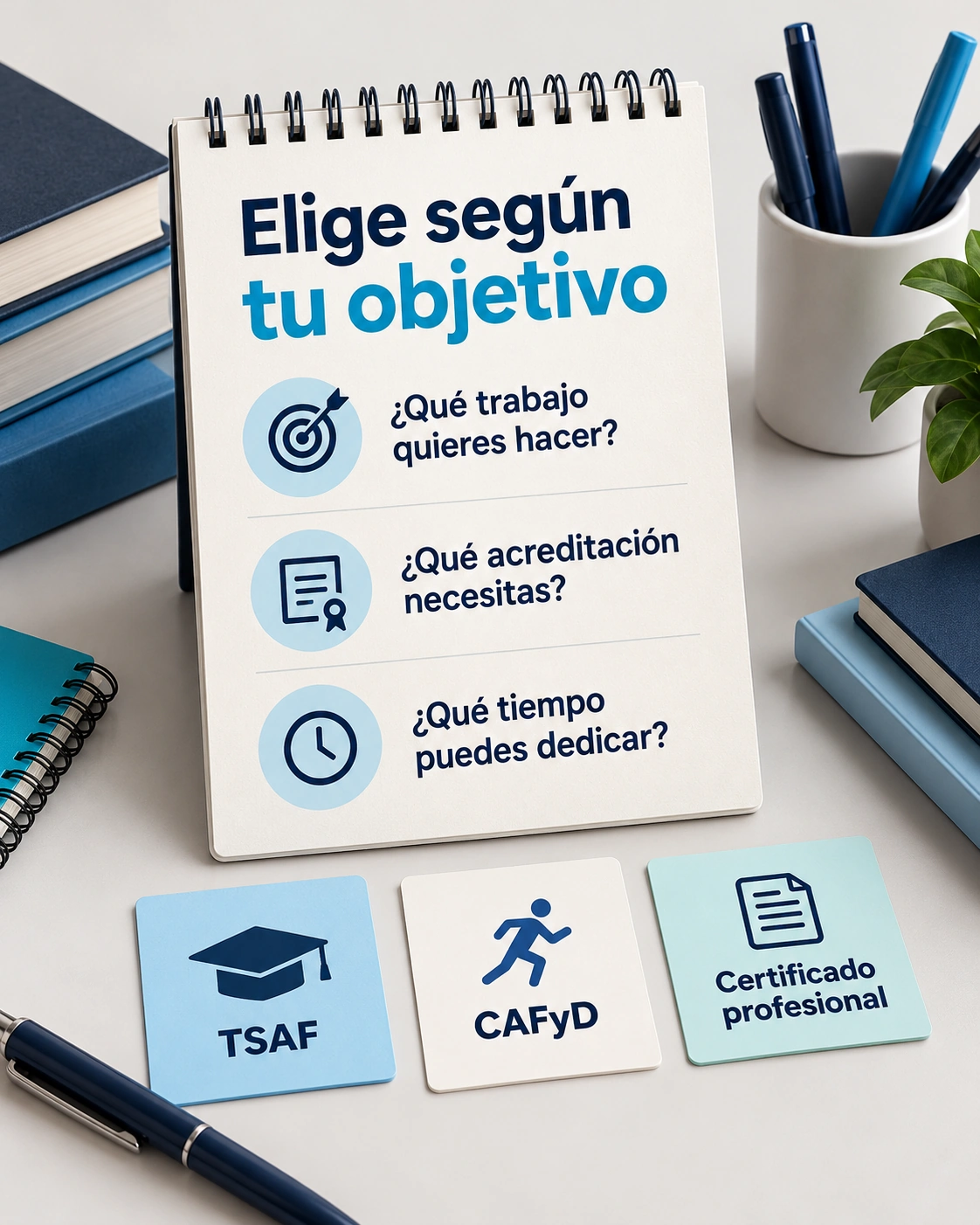 Una libreta con tres preguntas ayuda a comparar TSAF, CAFyD y certificado profesional según trabajo, acreditación y tiempo.