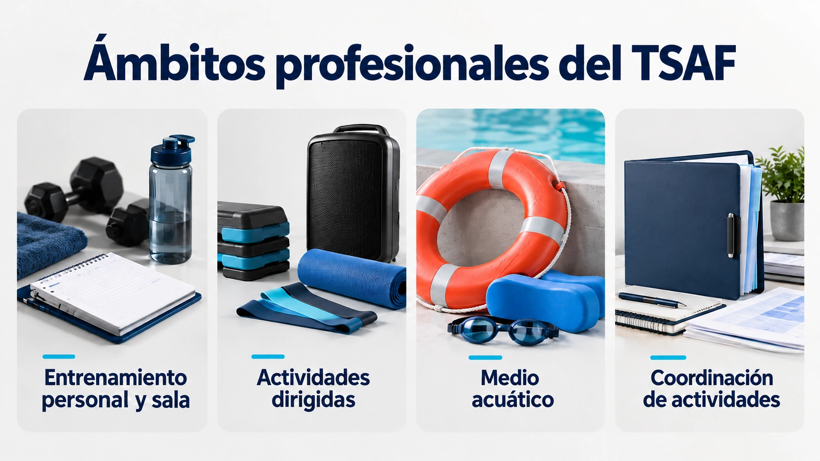 Cuatro tarjetas muestran entrenamiento personal y sala, actividades dirigidas, medio acuático y coordinación como ámbitos profesionales del TSAF.