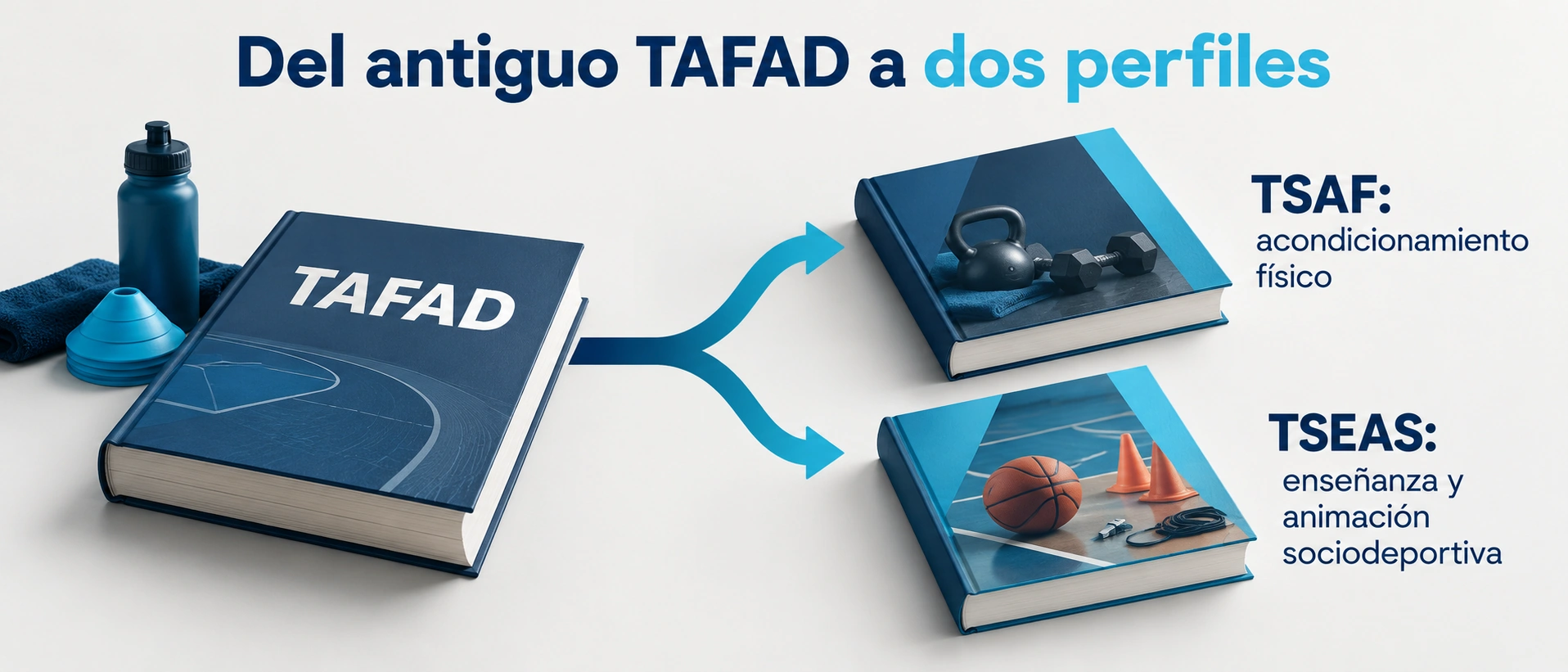 Un libro de TAFAD se bifurca hacia TSAF para acondicionamiento físico y TSEAS para enseñanza y animación sociodeportiva.