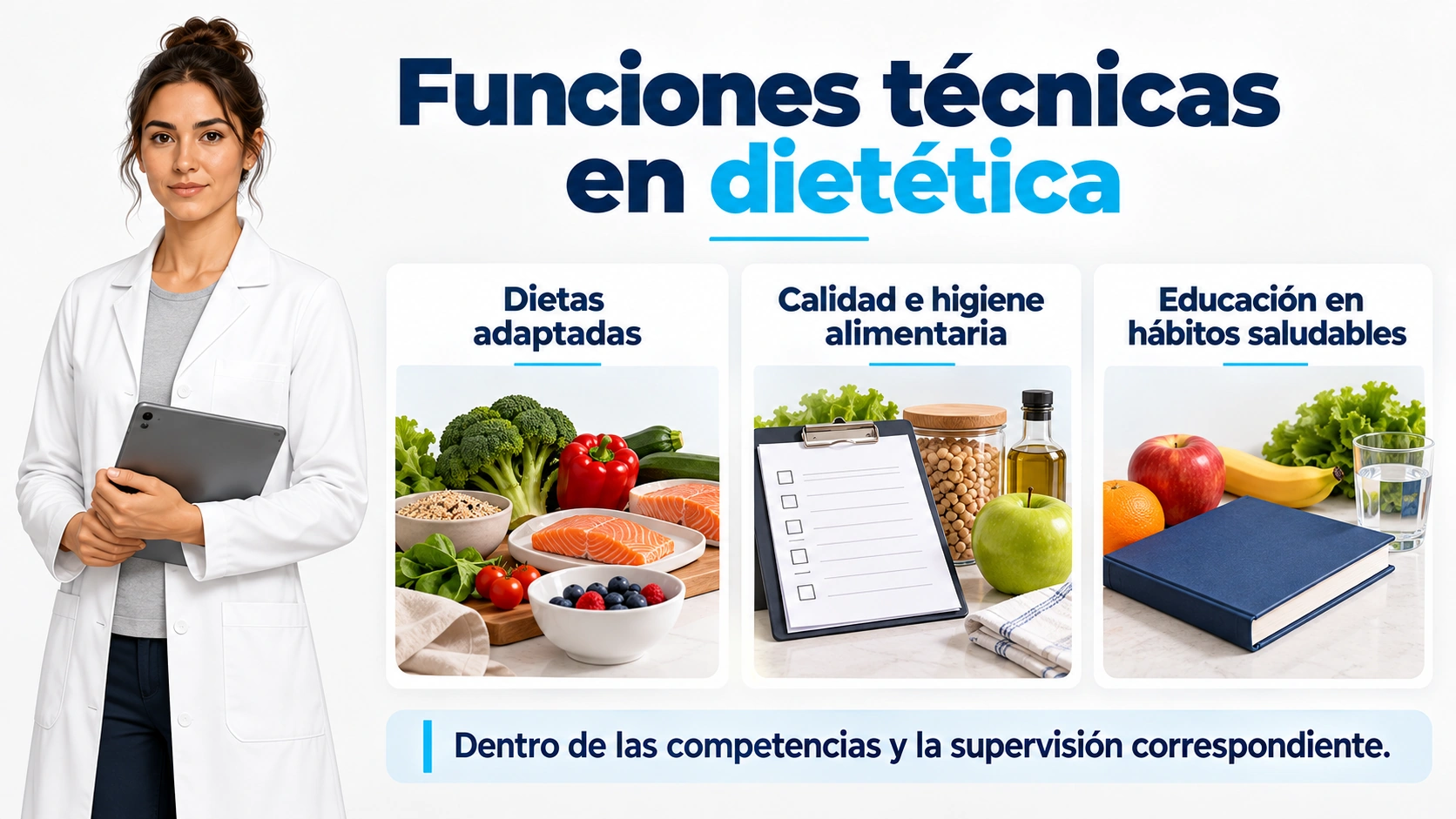 Funciones técnicas de dietética en alimentación, calidad e higiene y educación sanitaria, dentro de sus competencias.
