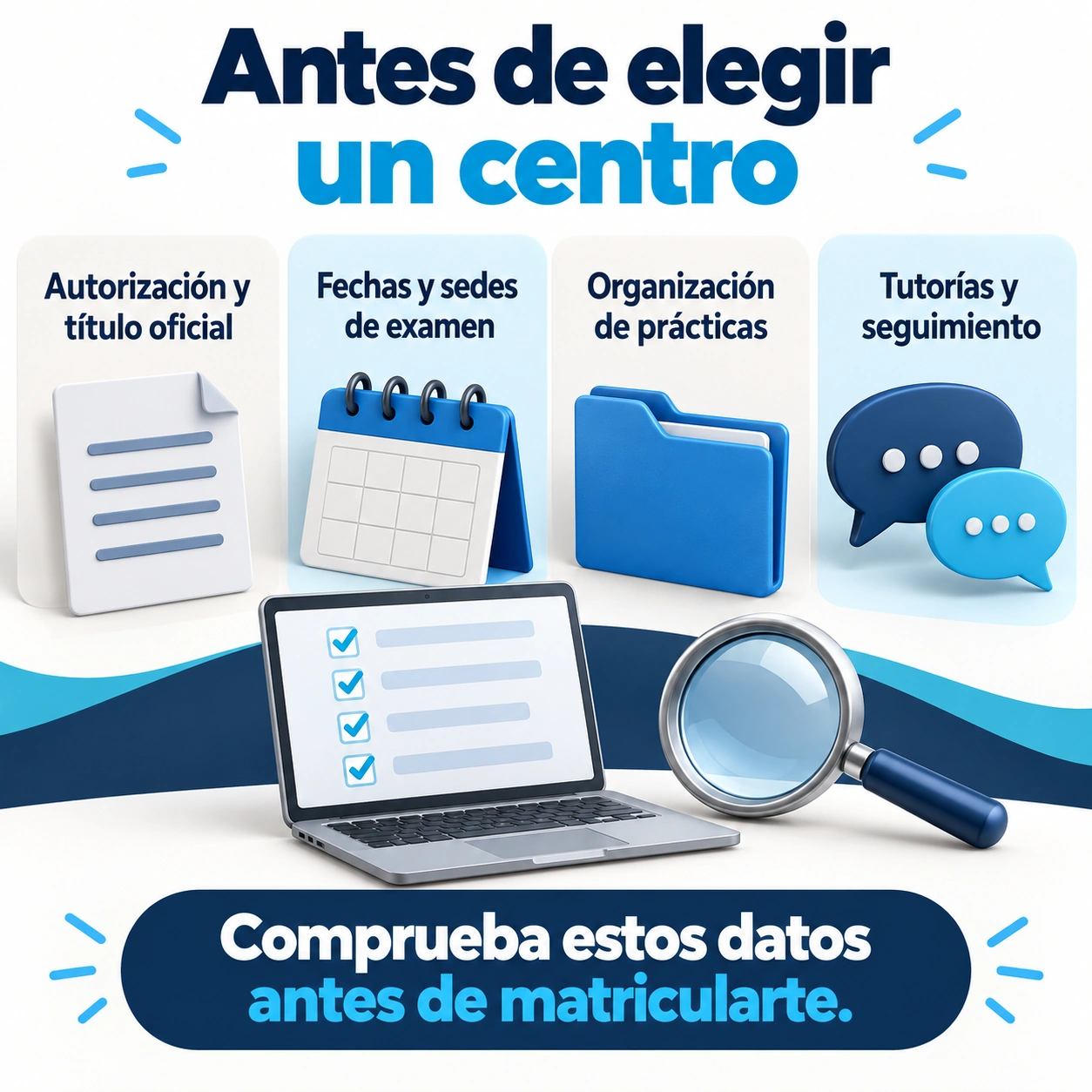 Cuatro aspectos para elegir un centro de TSD online: autorización, exámenes, prácticas y seguimiento docente.