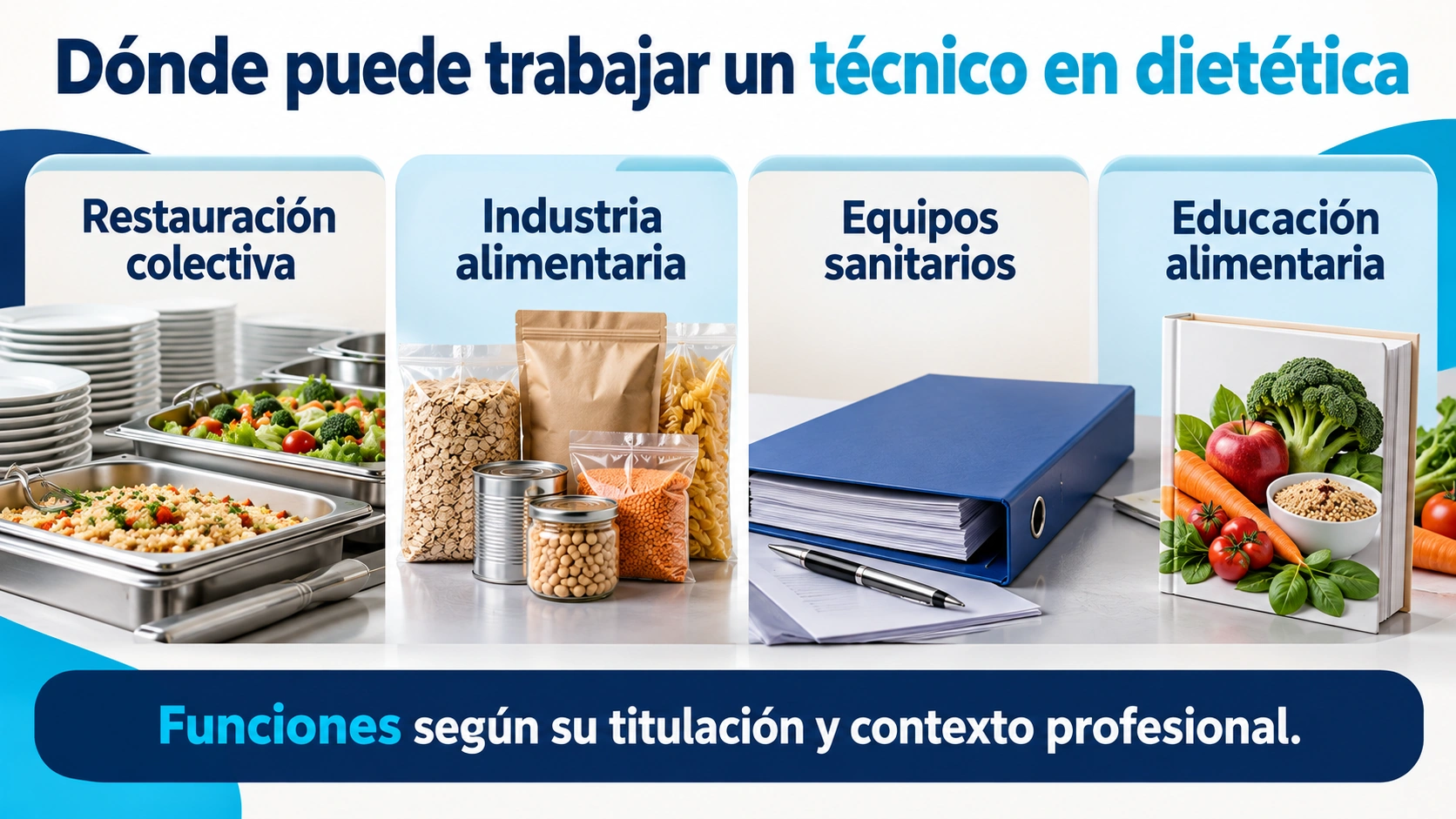 Ámbitos de trabajo del técnico en dietética, con funciones condicionadas por la titulación y el contexto profesional.