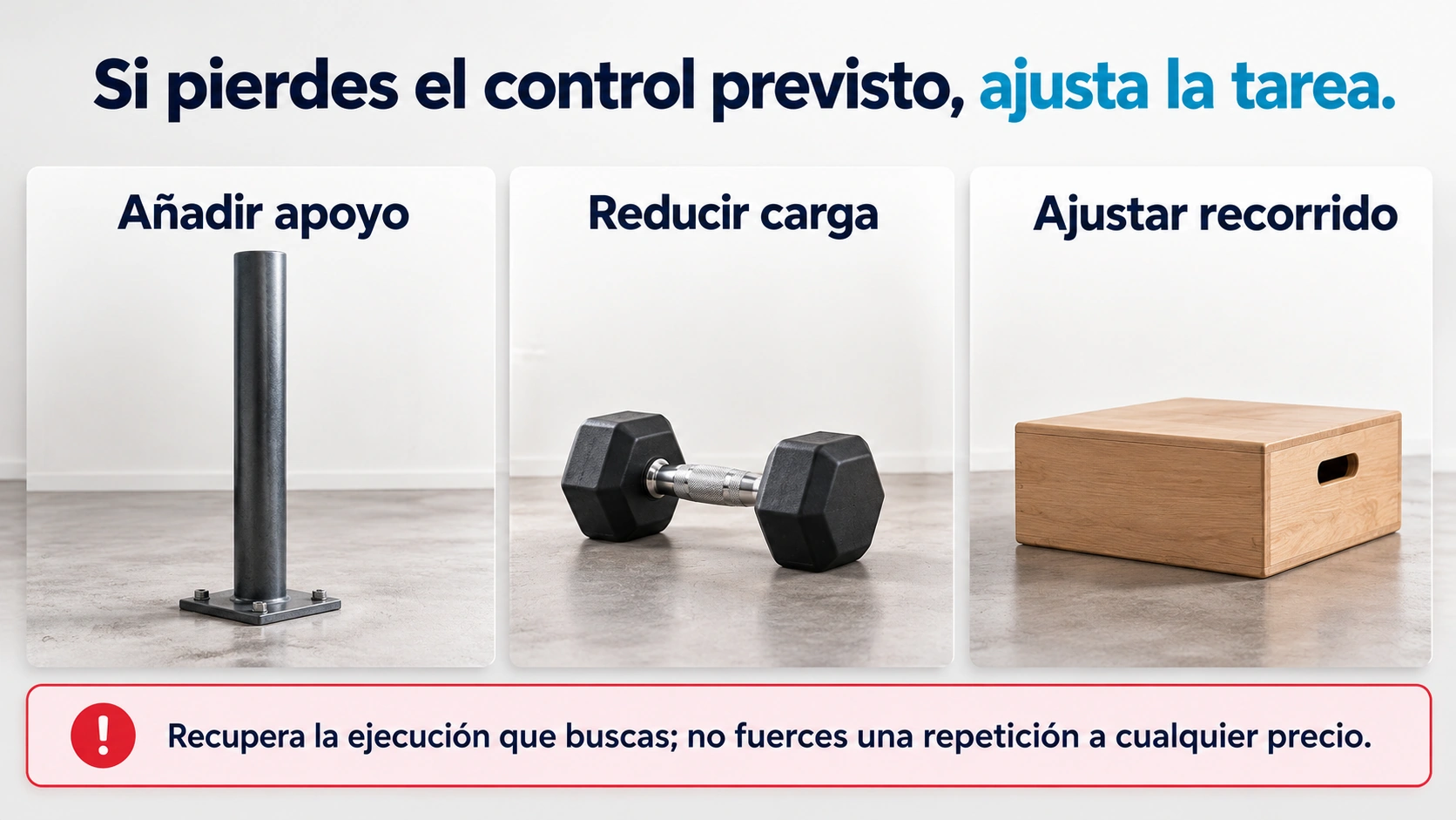 Opciones para ajustar un ejercicio unilateral: añadir apoyo, reducir carga o adaptar el recorrido.