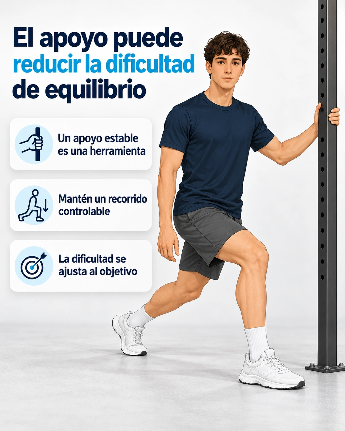 Split squat con apoyo de una mano en un poste estable para facilitar el equilibrio.